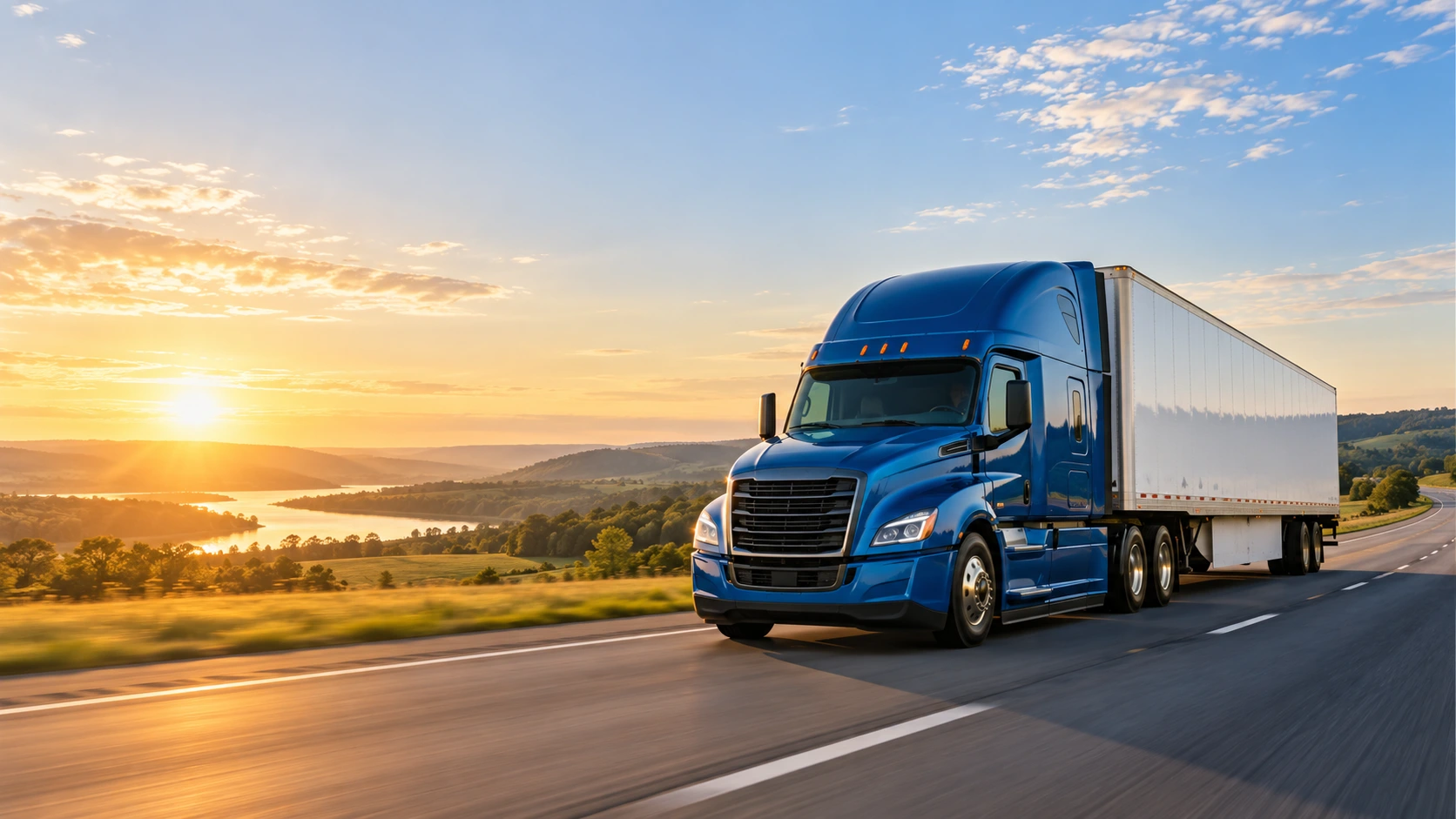 Illustrative image of a cobalt-blue semi-truck on a highway at sunrise